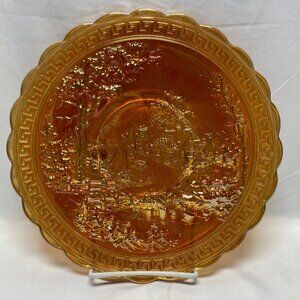 Imperial Carnival Glass Marigold 10" Plate With Homestead Woodland Design